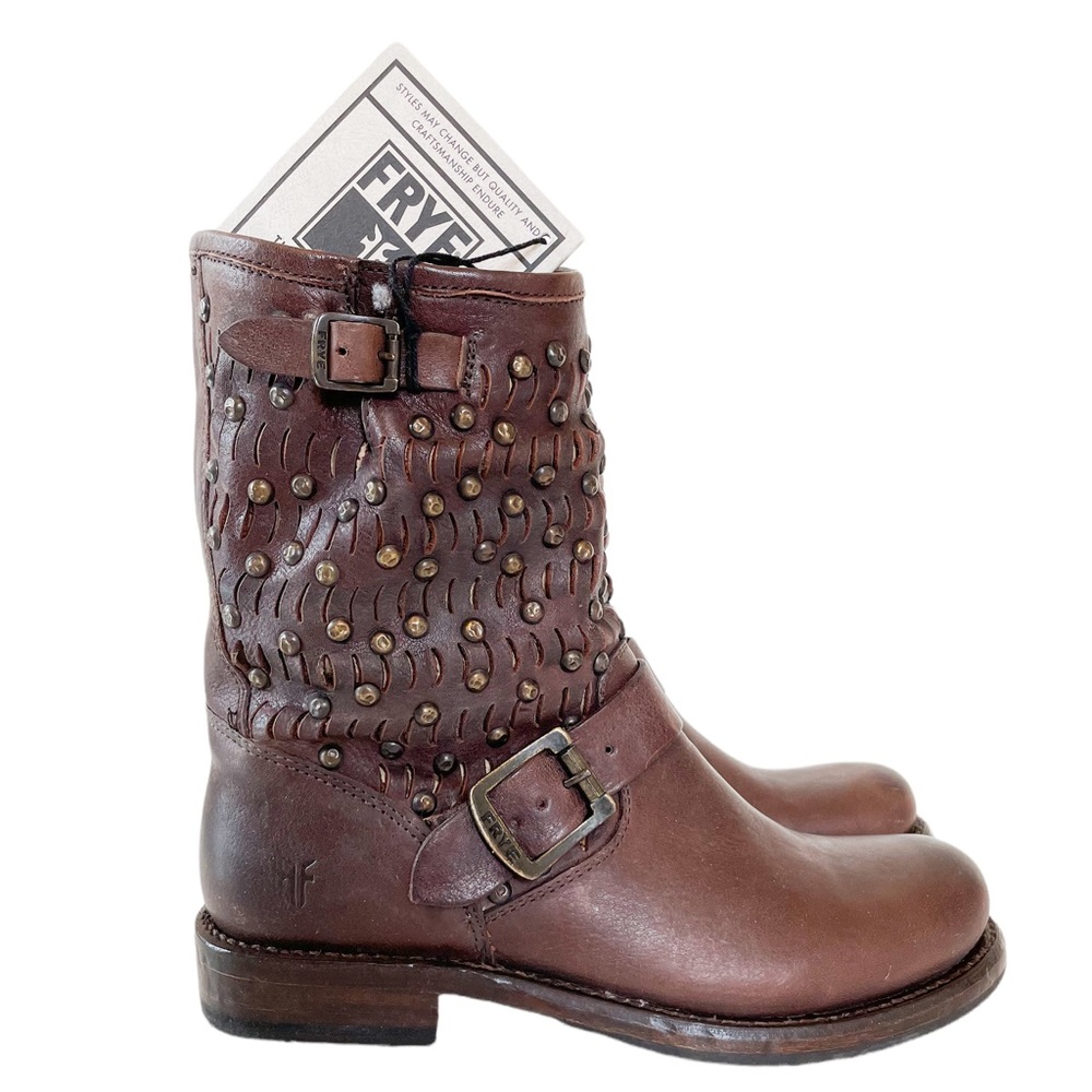 Frye Brown Leather Stud Mid Calf Boot